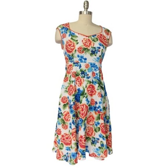 Lindy Bop Dresses & Skirts - Lindy Bop White Floral Fit & Flare Dress Size S Sleeveless Sweetheart Neckline